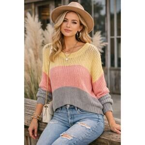 She + Sky Sweater Womens‎ Small Pastel Colorblock Open Knit Boutique Slouchy Top